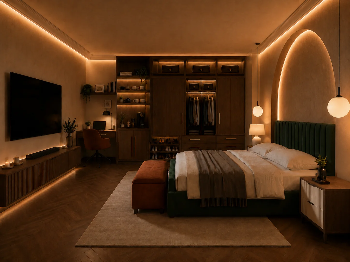 Suite do Aura Living com iluminação ambiente e arrumação integrada