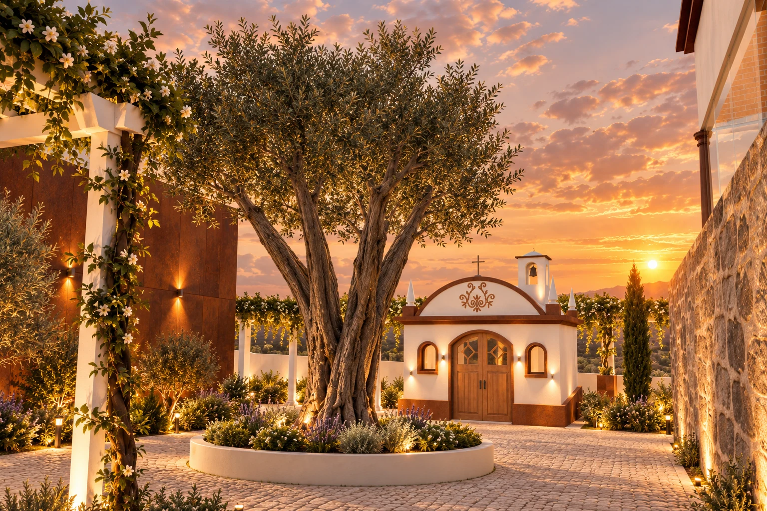 Exterior da capela e pátio com oliveira ao pôr do sol