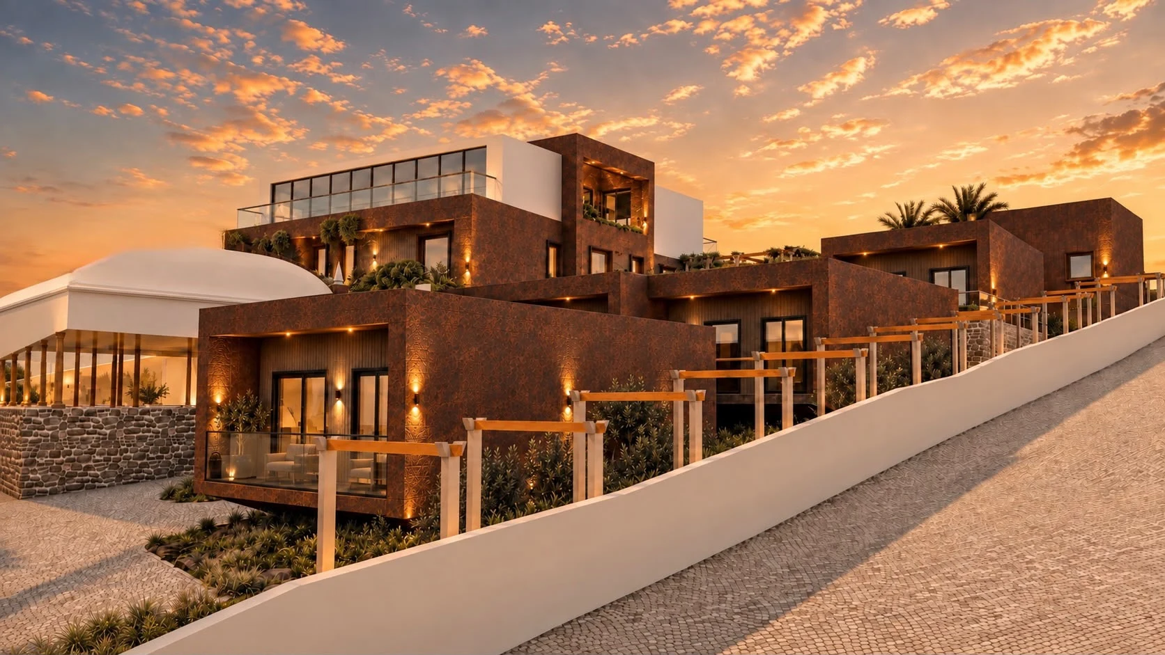 Vista exterior do Aura Living ao pôr do sol
