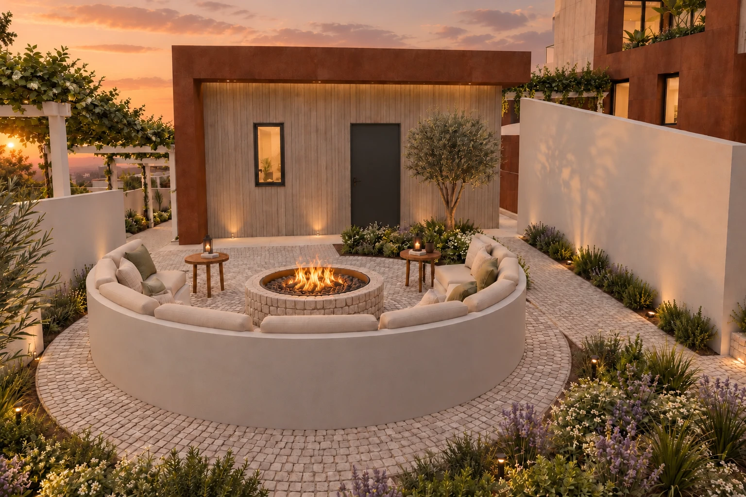 Fire Pit com sofás à volta da lareira exterior ao pôr do sol