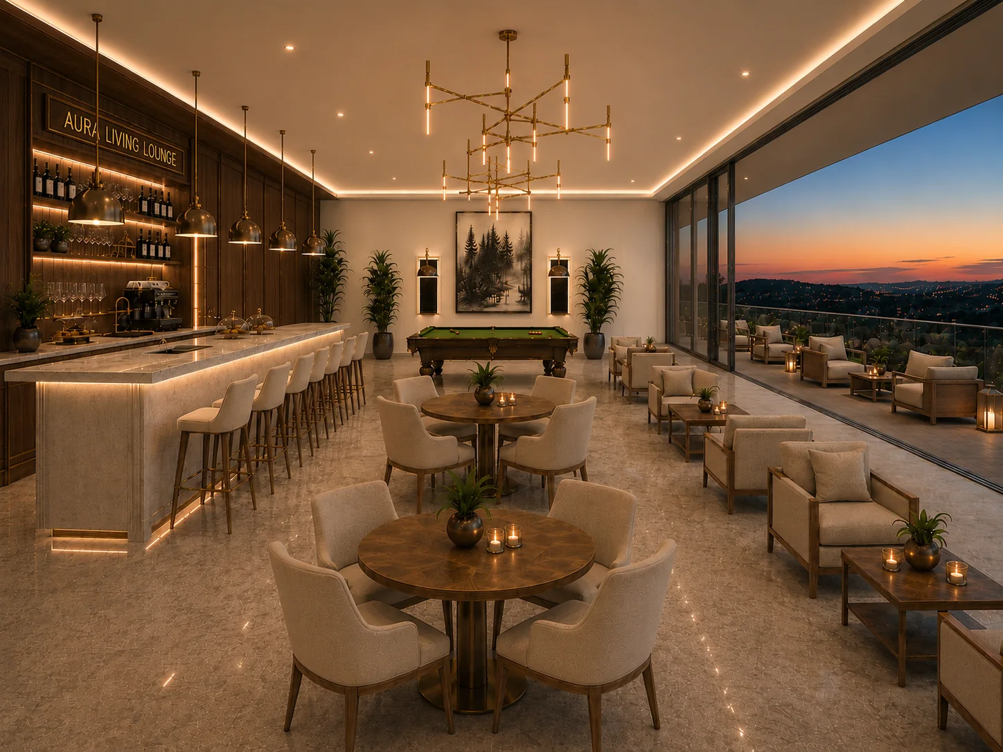 Lounge interior do Aura Living aberto para o exterior