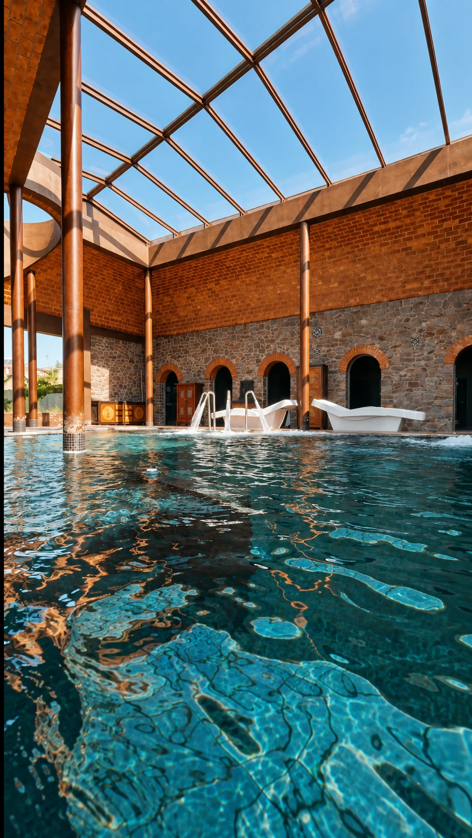 Vista ao nível da água da piscina interior e da cobertura envidraçada