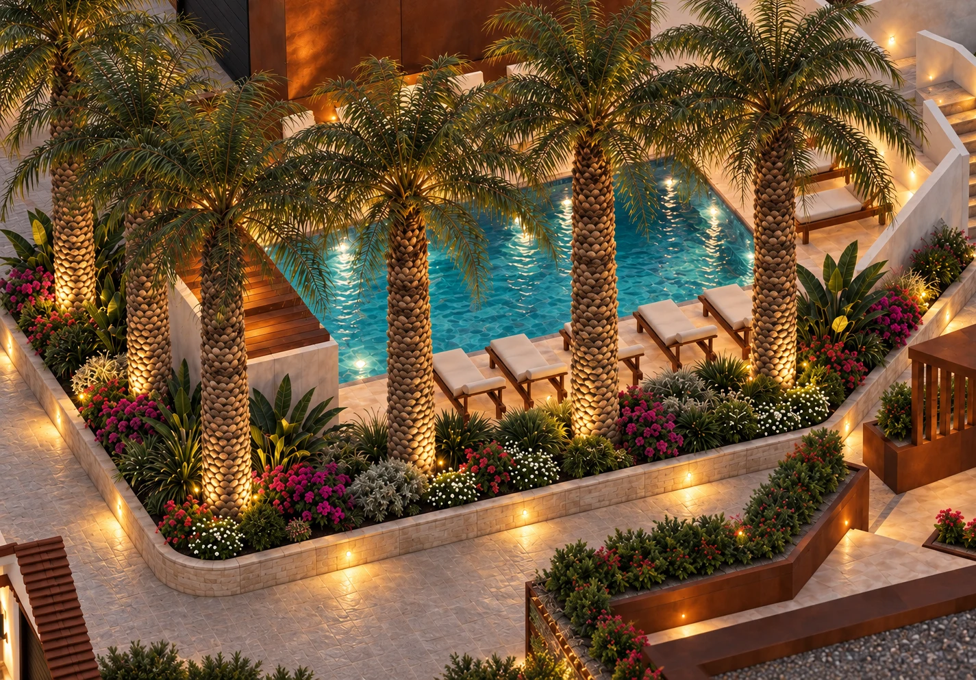 Vista aérea da piscina exterior rodeada por jardins iluminados