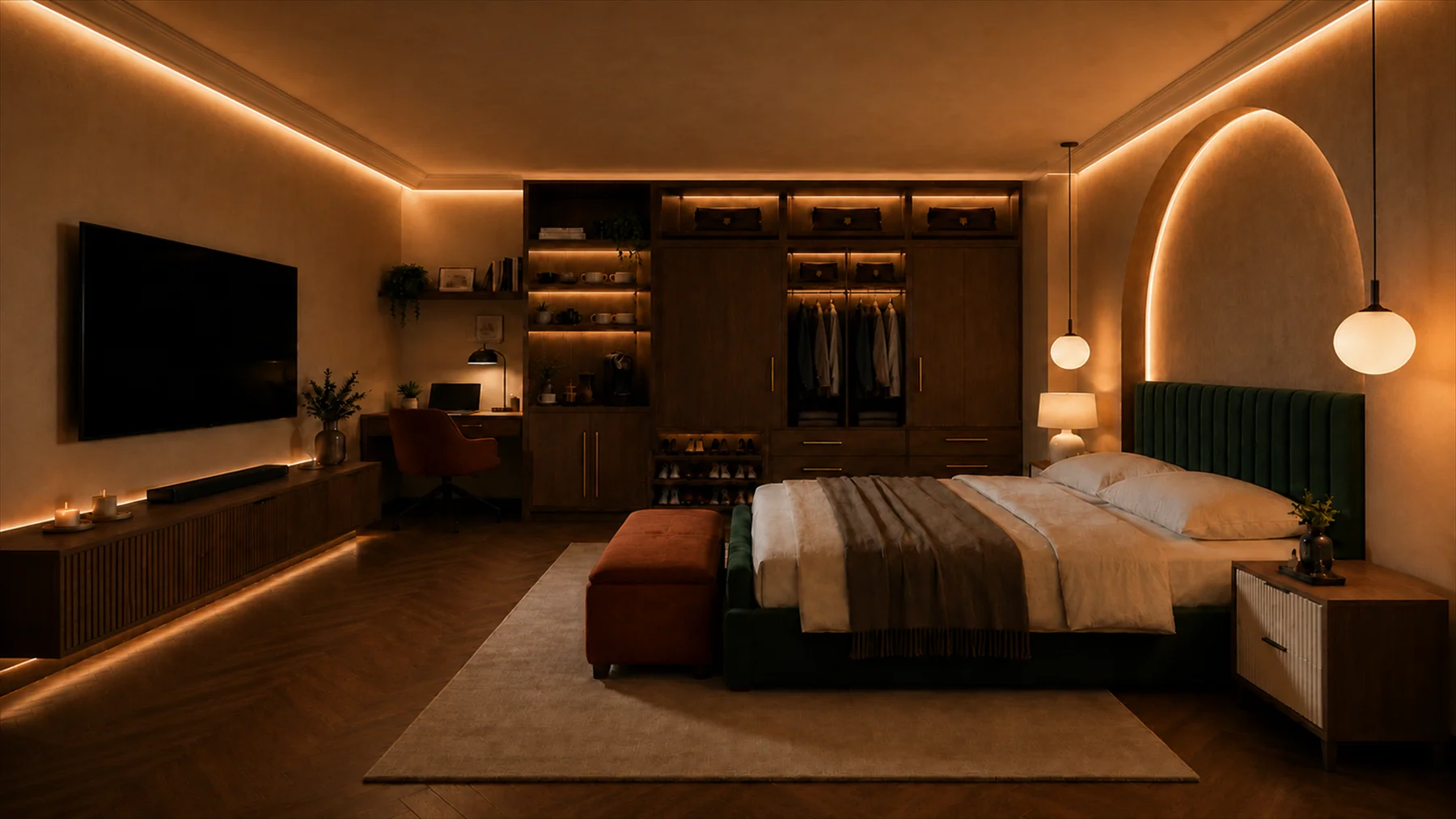 Suite do Aura Living com iluminação ambiente e arrumação integrada